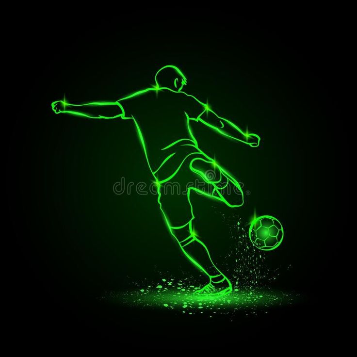 a soccer player kicks the ball in green neon light royalty illustration