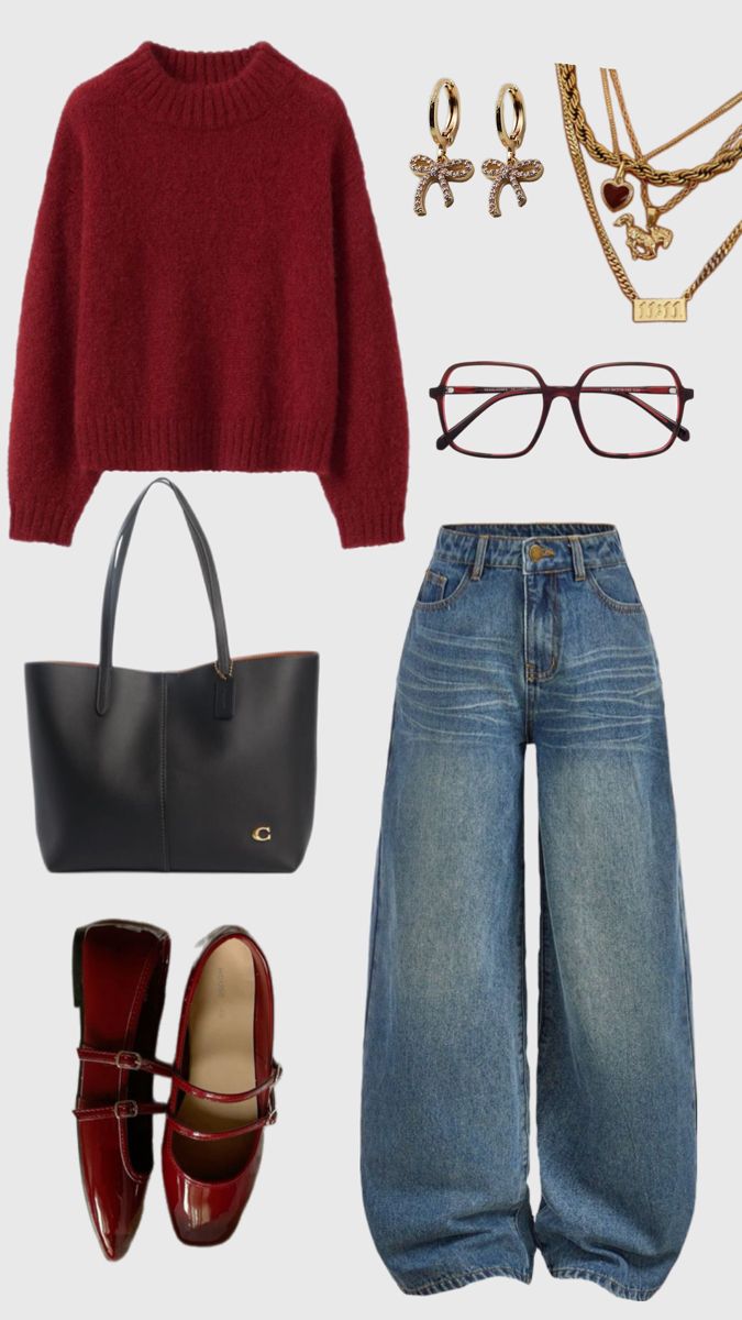 Perfect fall outfit with a burgundy sweater,flats,shoes and glasses Outfits With Burgundy Purse, Sunday Outfit Ideas Winter, Thrift Winter Outfits, Outfits Ideas Layout, Outfit With Red Sweater, Flats Winter Outfit, Maroon Shoes Outfit Women, Outfits With Red Mary Jane Shoes, Winter Outfits Burgundy