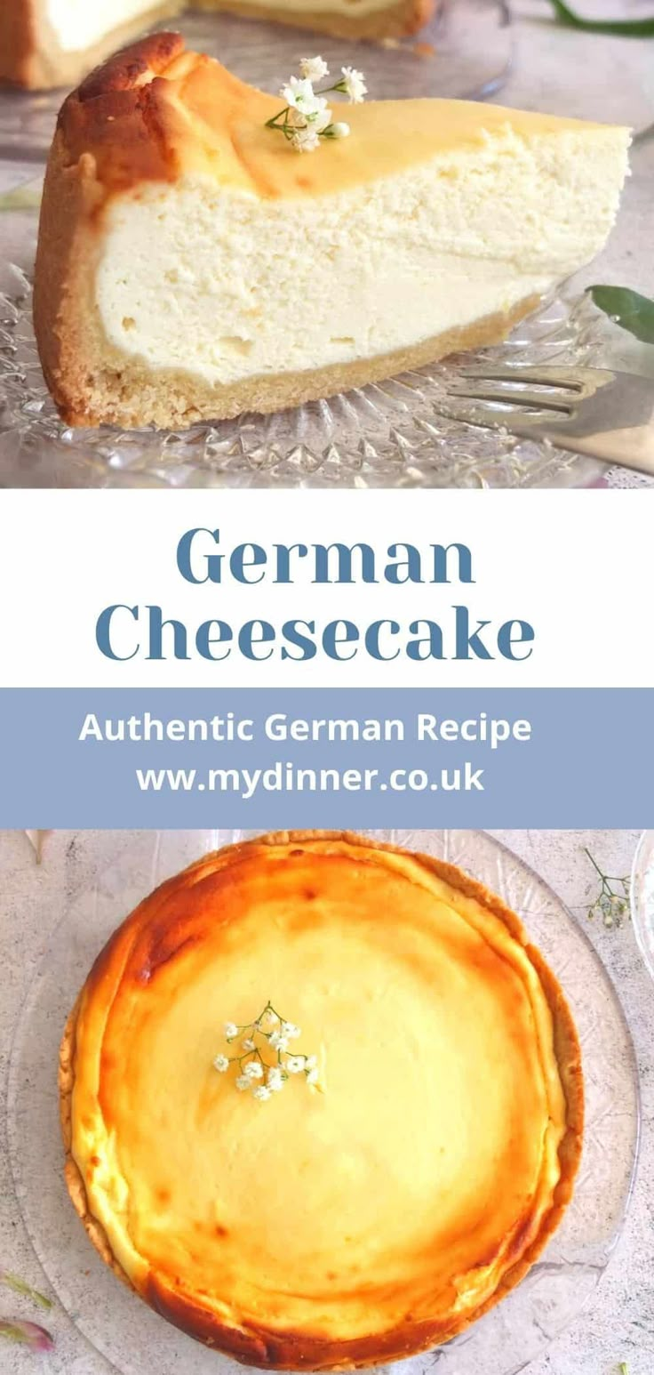 a cheesecake on a glass plate with the words german cheesecake written below it