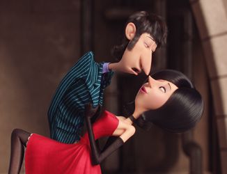 an animated couple kissing each other in front of a building