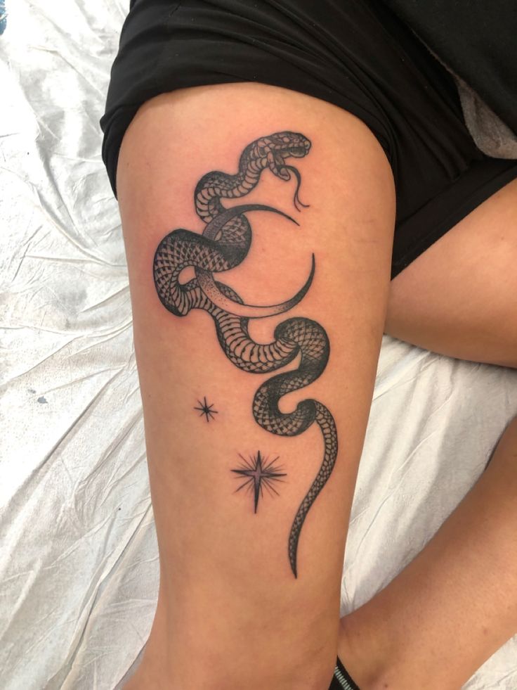 Woman 
Snake tattoo
Moon and stars 
Leg tattoo
Thigh tattoo Snake Tattoos Legs Women, Snake Thigh Tattoo, Snake Leg Tattoo, Tattoo Bein Frau, Thigh Tattoo Men, Hip Tattoo Designs, Waist Tattoos, Thigh Tattoo Designs, Horoscope Tattoos