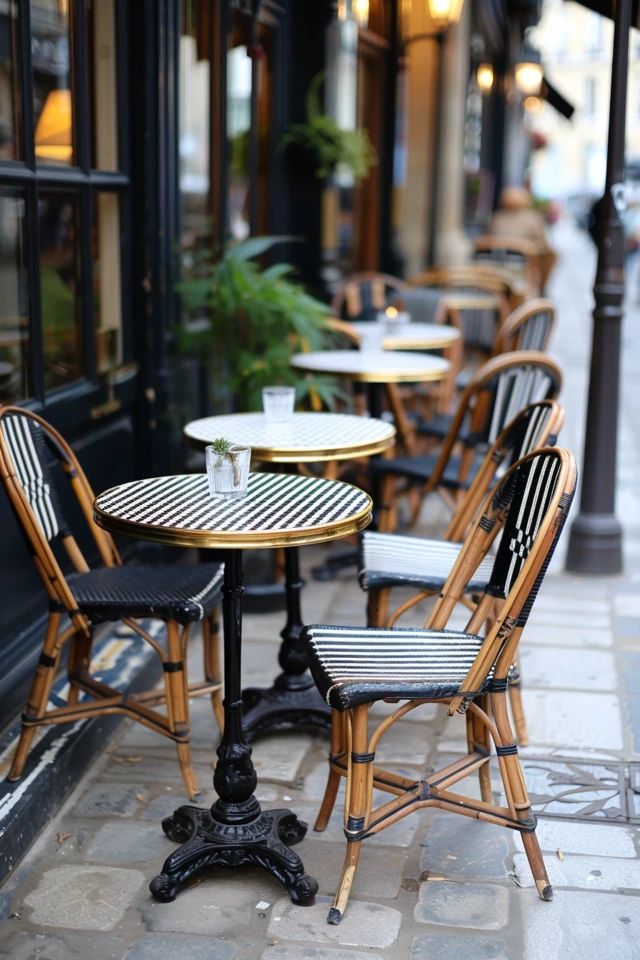 tables and chairs are lined up on the sidewalk