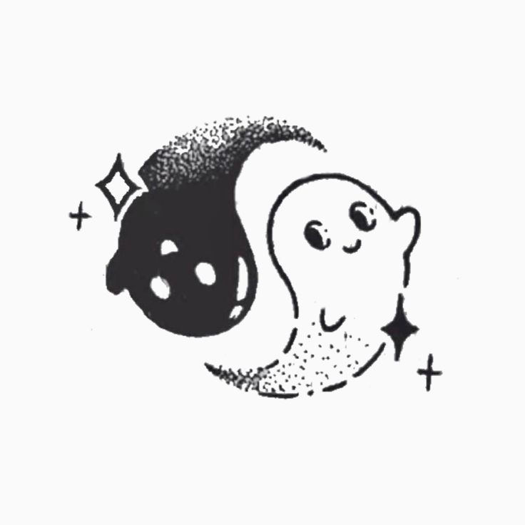 a black and white drawing of a ghost with stars on it's back ground