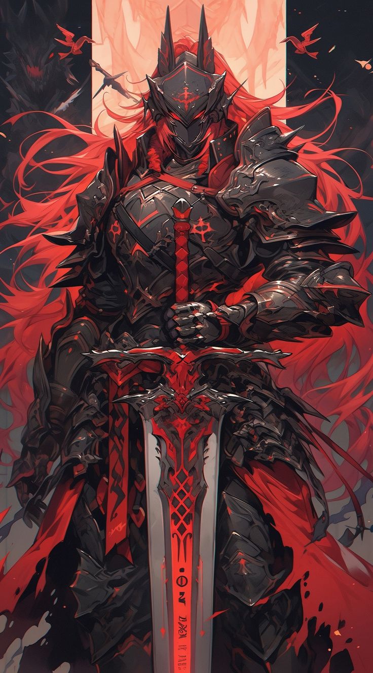 an illustration of a knight with red hair and armor holding two swords in his hands