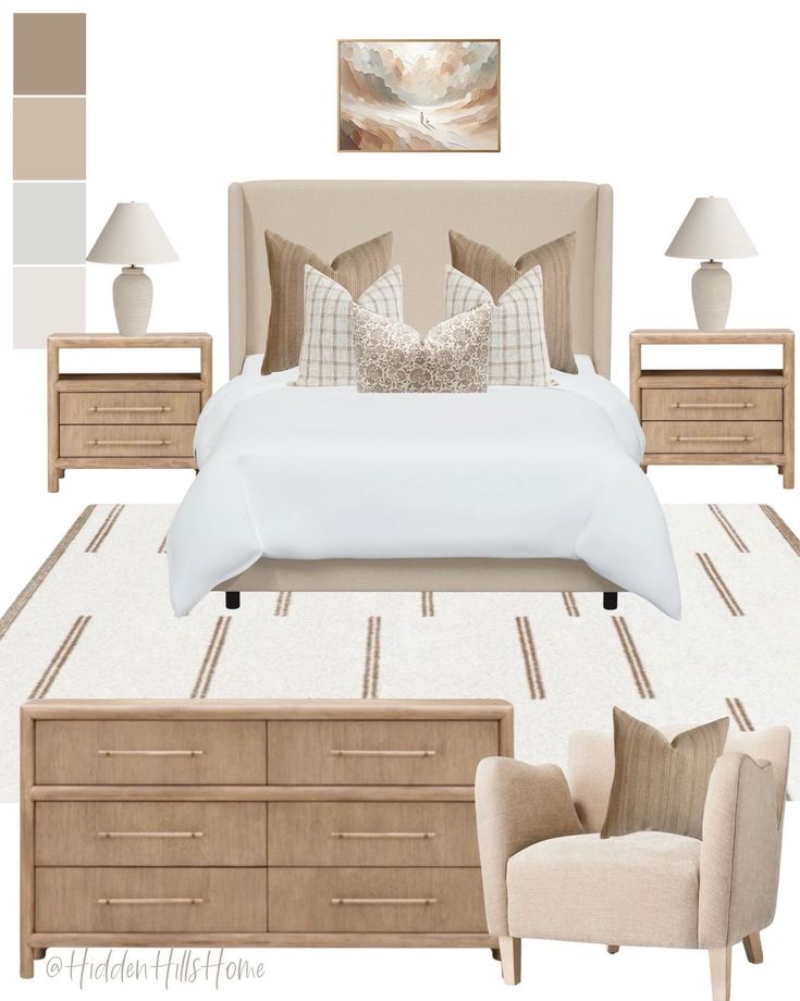 a bedroom is shown with neutral colors and furniture