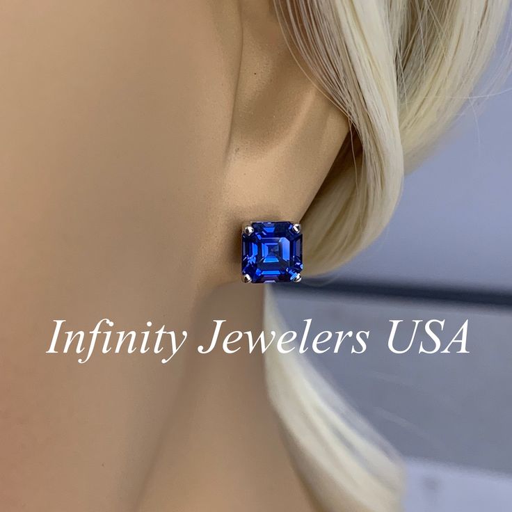 These earrings are asscher cut lab created blue sapphire studs, 14k white gold #6356 -Approximate total carat weight: 3.50ctw diamond equivalent -Center Stone Size: approx. 1.75ct each diamond equivalent -Gem Type: lab created blue sapphire -Stone Shape: asscher cut 7x7mm -Stone Clarity: VS2 -Stone Color: Brilliant Blue, Eye-Clean -Mohs Scale: 9 hardness -Metal Type and Purity: 14k white gold -Setting: 4 prong basket setting -Backing: friction back (earring backs are subject to change due to ava Brilliant Cut Sapphire Jewelry In Asscher Cut, Gia Certified Square-cut Sapphire Jewelry, Gia Certified Square Cut Sapphire Jewelry, Blue Asscher Cut Gia Certified Jewelry, Gia Certified Blue Square Cut Jewelry, Blue Square-cut Gia Certified Jewelry, Asscher Cut 14k White Gold Jewelry Gift, Blue Sapphire Jewelry In Asscher Cut, White Gold Sapphire Jewelry With Asscher Cut