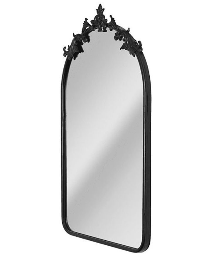 an ornate mirror is shown against a white background and has black trim on the edges