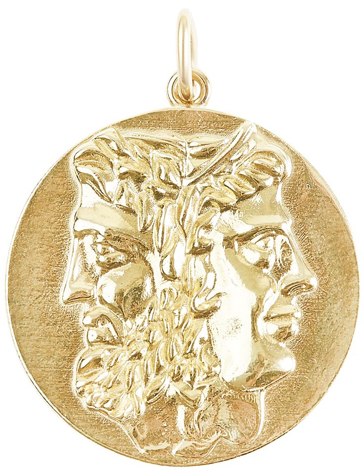 For purchase of individual charm only. Please follow this link to order a complete custom necklace or bracelet. This coin features the Roman god Janus, who is usually depicted as two-faced since he sees into the past and future. In mythology, Janus presides over beginnings and endings, gates and doorways, openings and closings...Wear yours a reminder that when one door closes, another one will soon open. The universe has our backs :) The back of this coin features the phases of the moon to remin Mythological Engraved Round Pendant Jewelry, Spiritual Coin-shaped Charms Jewelry, Spiritual Coin Charm Jewelry, Spiritual Coin Charms Jewelry, Symbolic Brass Coin Necklace, Symbolic Yellow Gold Coin Necklace, Symbolic Medallion Coin Pendant Jewelry, Symbolic Large Coin Pendant Jewelry, Symbolic Coin-shaped Jewelry With Large Pendant