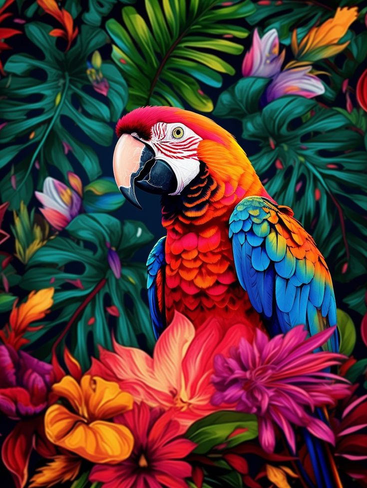 a colorful parrot sitting on top of a tree filled with lots of leaves and flowers