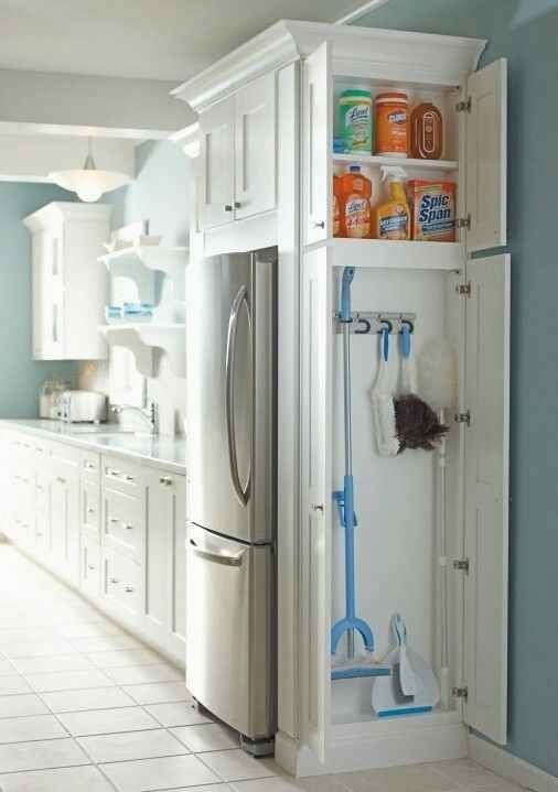 the kitchen is clean and ready to be used as a storage area for cleaning supplies