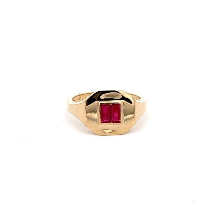 Unisex Ruby Signet Ring in 14K Gold featuring natural ruby of 0.56 carats. The gorgeous handcrafted ring goes with every style, every occasion or any outfit.  Ruby improves mental strength.  Designed with two baguette cut ruby inlaid in between in solid gold bezel setting of 14k gold ring that makes it a perfect fit to wear it on your occasion or style it with any of your basic outfit to give it a glam. This is a perfect July Birthstone Jewelry also perfect Handmade Jewelry, Bridal Shower Gift, Valentine Gift, Gift For Sister, Mother Daughter Gift, Bride To Be Gift, Bridesmaid Gift, Mom Gift, BFF Gift, Best Friend Gift, Anniversary Present, Wife Gift, Gift for Her or any Holiday Gift for Mother, Sister, Daughter, Grandma, Fiancé, Girlfriend, Valentine, Family or Friend on your list. Yellow Gold Ruby Signet Ring With Polished Finish, Heirloom Red Gold Signet Ring, Heirloom Ruby Signet Ring In Yellow Gold, Heirloom Yellow Gold Ruby Signet Ring, Heirloom Style Ruby Ring, Luxury 14k Gold Ruby Birthstone Ring, 14k Gold Timeless Ruby Promise Ring, Timeless 14k Gold Ruby Promise Ring, Heirloom Ruby Signet Ring With Polished Finish