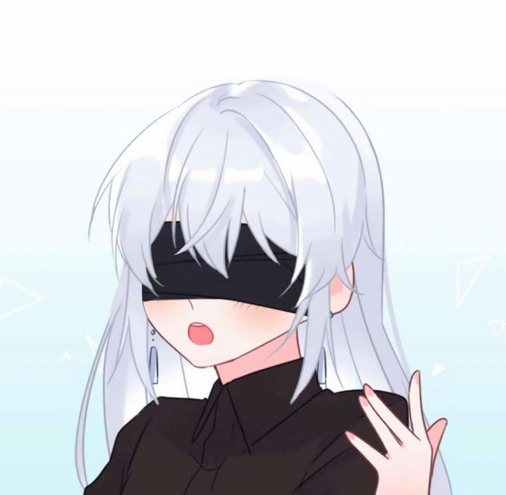 an anime character with white hair and black eyes holding her hands up in front of her face