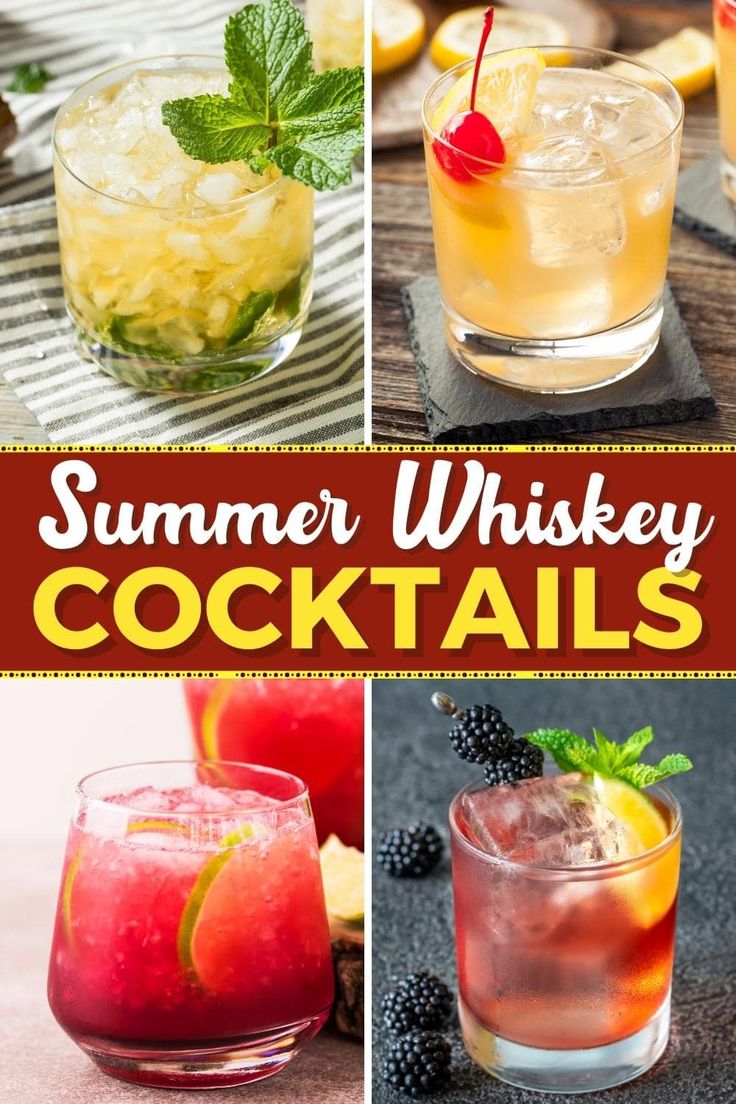 summer whiskey cocktails collage with text overlay