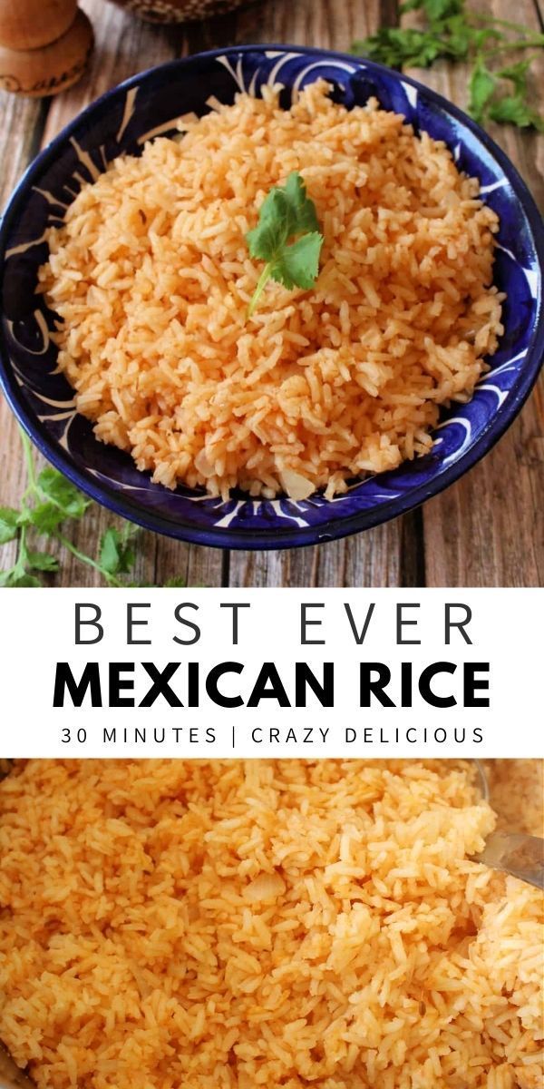 mexican rice in a blue bowl with the words best ever mexican rice on top and below