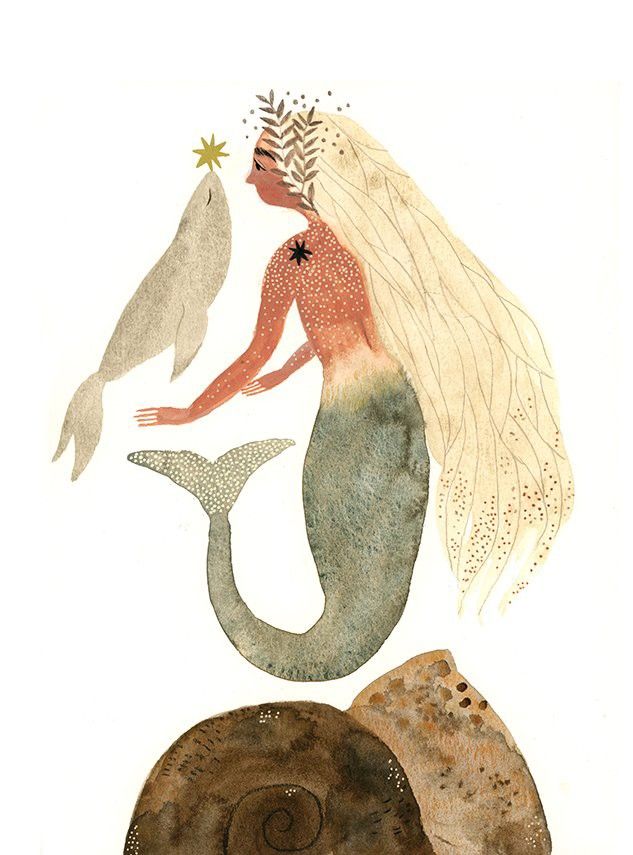 an illustration of a mermaid sitting on top of a rock next to a fish and another animal