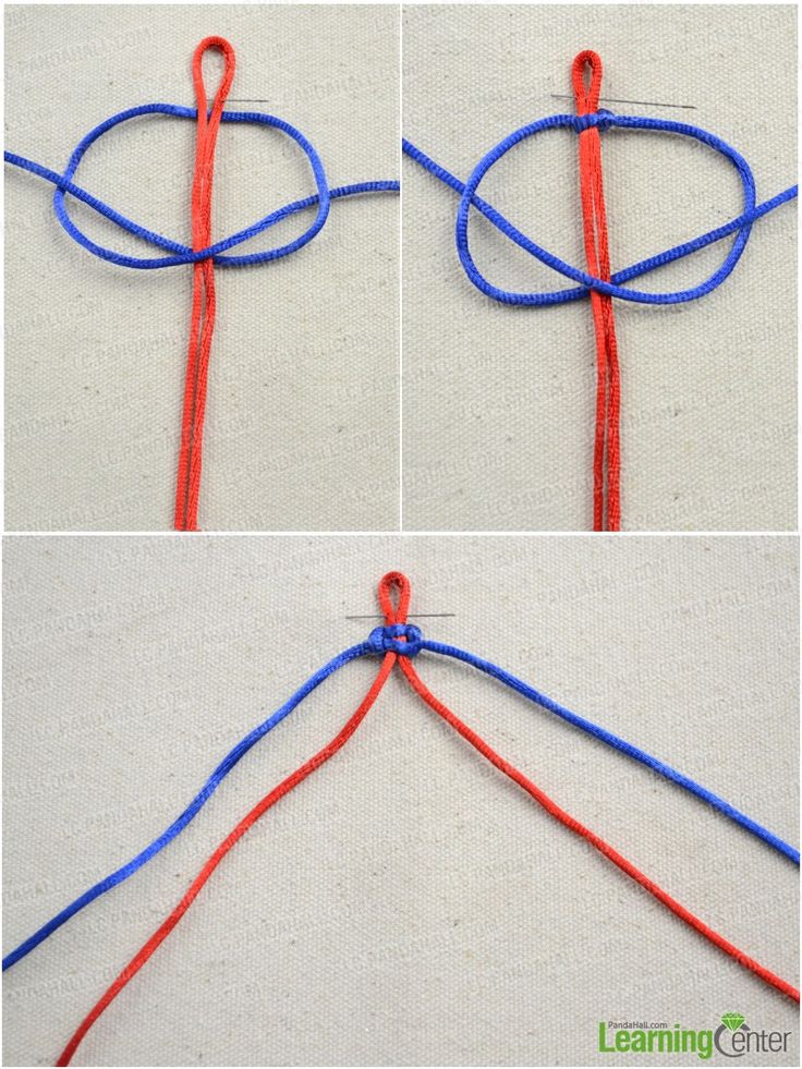 three pictures showing how to tie the ends of two different strings together, and then tying them with one knot