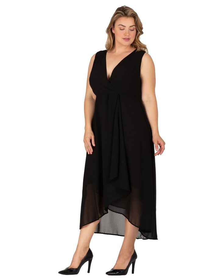 Easy to wear and polished looking, this sleeveless plus-size dress has a high low hem that showcases your legs and cute shoes. Chic Sleeveless Wrap Dress For Night Out, Chic Asymmetrical Hem Chiffon Maxi Dress, Elegant Flowy Maxi Dress With High-low Hem, Sleeveless Faux Wrap Spring Dress, Sleeveless Faux Wrap Dress For Spring, Elegant Flowy High-low Maxi Dress, Elegant Sleeveless High Low Evening Dress, Elegant High-low Hem Maxi Dress For Cocktail, Sleeveless Chiffon Dress With Overlay