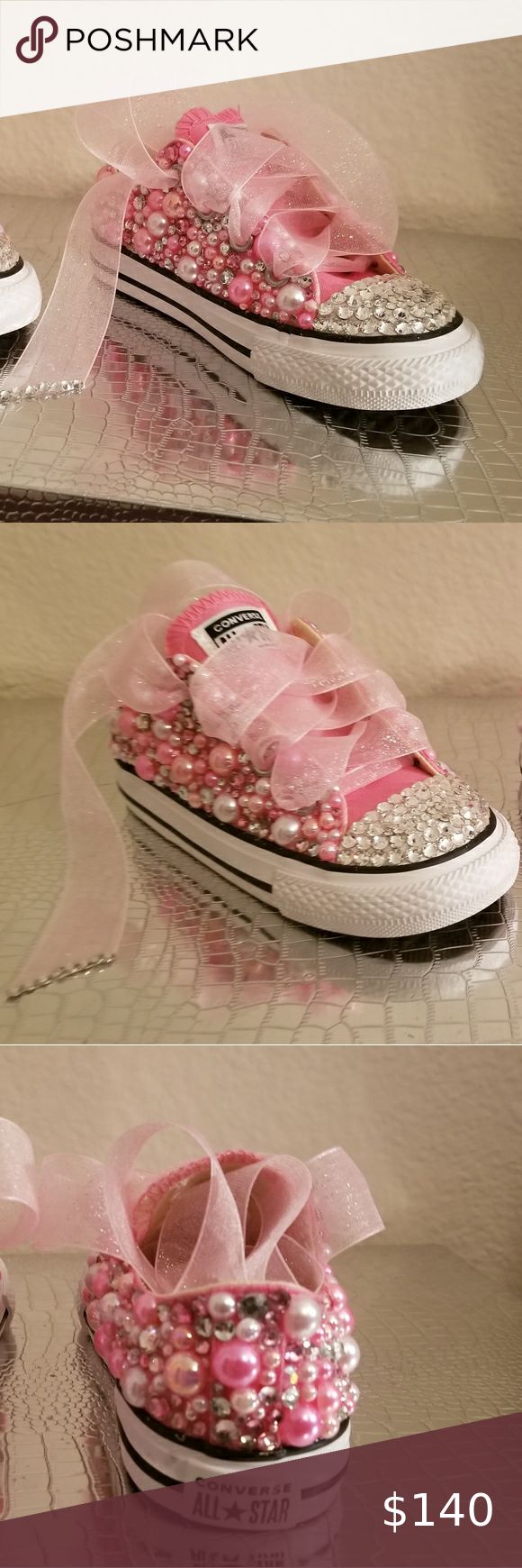 Size 7 infant girls Converse Brand new revamped blinged infant size Converse shoes with ribbon laces. Regular shoe laces included. The two has real Swarovsky rhinestones. I Can customize in any color you want. Converse Shoes Sneakers Pink Embellished Sneakers For Party, Pink Embellished Round Toe Sneakers, Pink Embellished Sneakers With Round Toe, Pink Embellished Low-top Sneakers, Pink Bedazzled Low-top Sneakers, Pink Bling Low-top Sneakers, Pink Low-top Bling Sneakers, Converse Sneakers With Rhinestones And Round Toe, Shoes With Ribbon