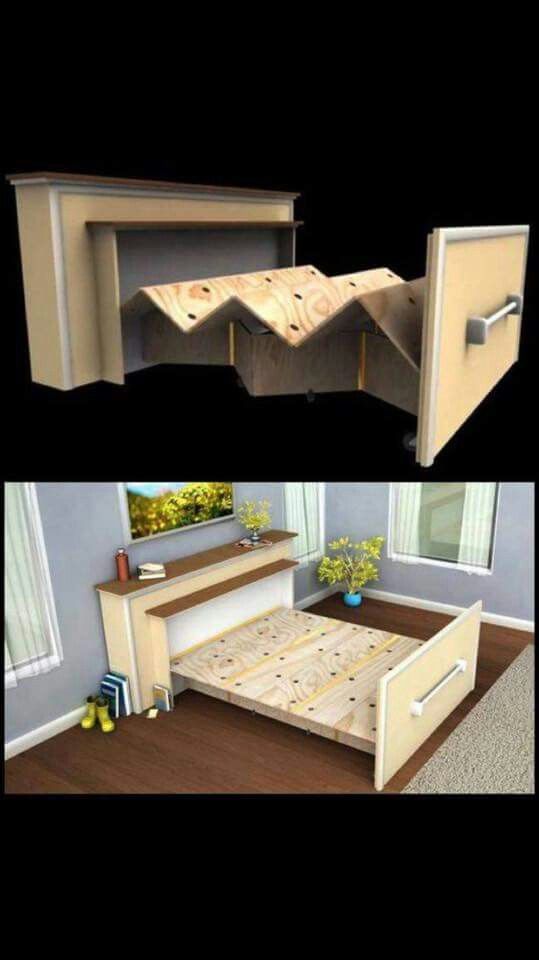 there are two different views of a bed with drawers on the bottom and an open drawer below