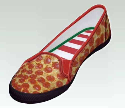 a pair of shoes made to look like a slice of pizza