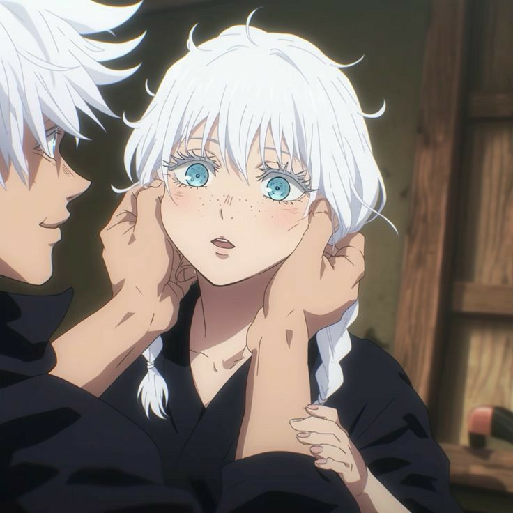 two anime characters with white hair and blue eyes