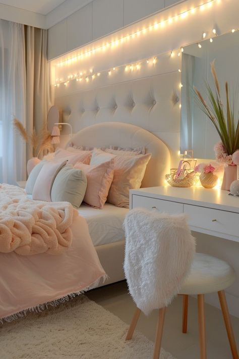 a white bedroom with lights on the wall