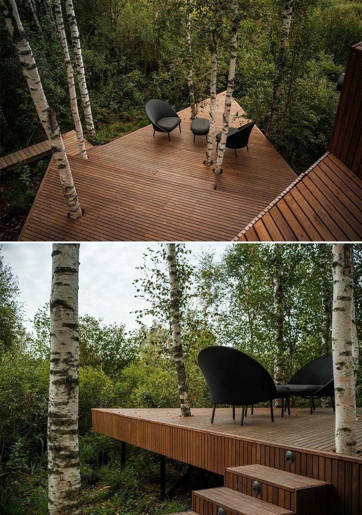 two pictures of chairs and tables on a deck in the woods next to some trees