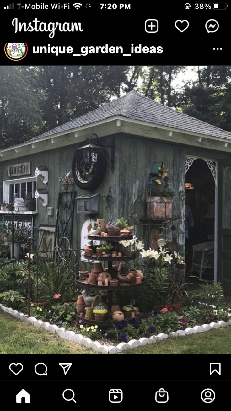 a garden shed with lots of potted plants