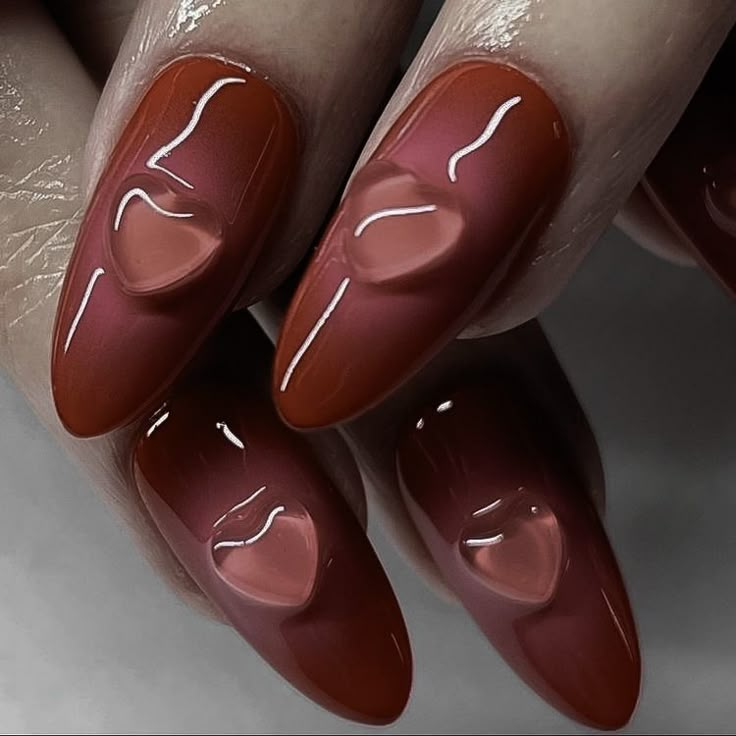 Dark Academia Nail Designs, Jelly Color Nails Korean, Gelly Nail Korean, Red Korean Nails, Aesthetic Jelly Nails, Jelly Red Nails, Fall Jelly Nails, Almond Jelly Nails, Korean Nail Trends