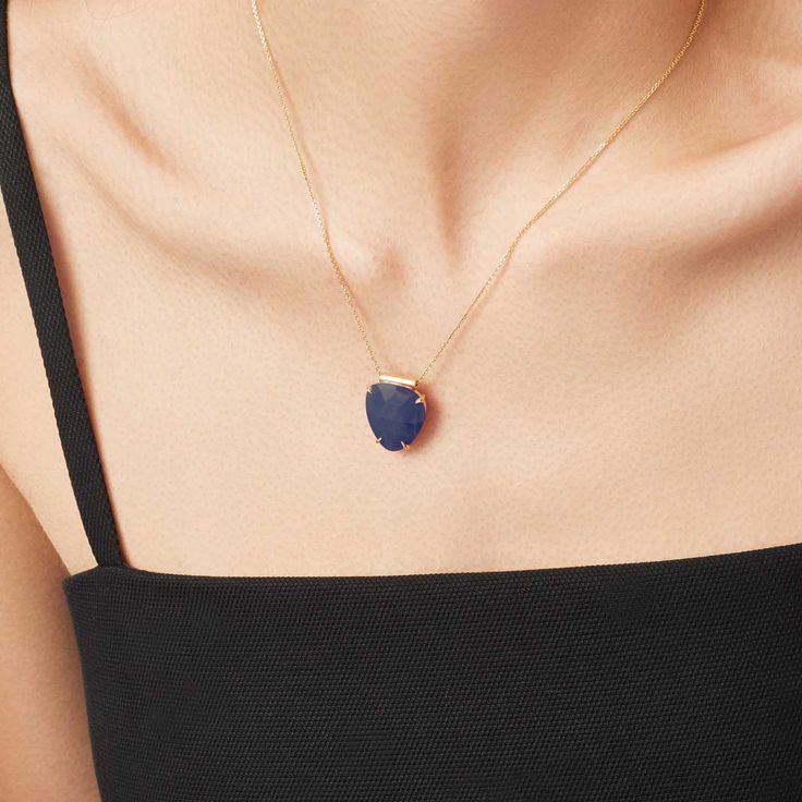 Traditional precious gemstones take on an understated wearable faceting with the Ecksand Mosaic collection. This rose-cut blue sapphire necklace pays tribute to Mother Nature with its showstopping, bold look. Blue sapphire: 18x16 mm approx. Chain width: 1 mm approx. Chain length: 16 / 18 in. Chain type: Diamond-cut trace chain Closure: Lobster clasp Classic Sapphire Pendant Necklace, Elegant Blue Necklaces With Rose Cut Diamonds, Blue Rose Cut Diamond Pendant Necklace, Elegant Faceted Sapphire Necklace, Elegant Sapphire Faceted Necklace, Sapphire Necklace Pendants, Blue Sapphire Pendant, Blue Sapphire Necklace, Types Of Diamonds