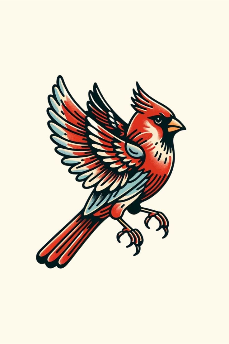 a red bird is flying with its wings spread