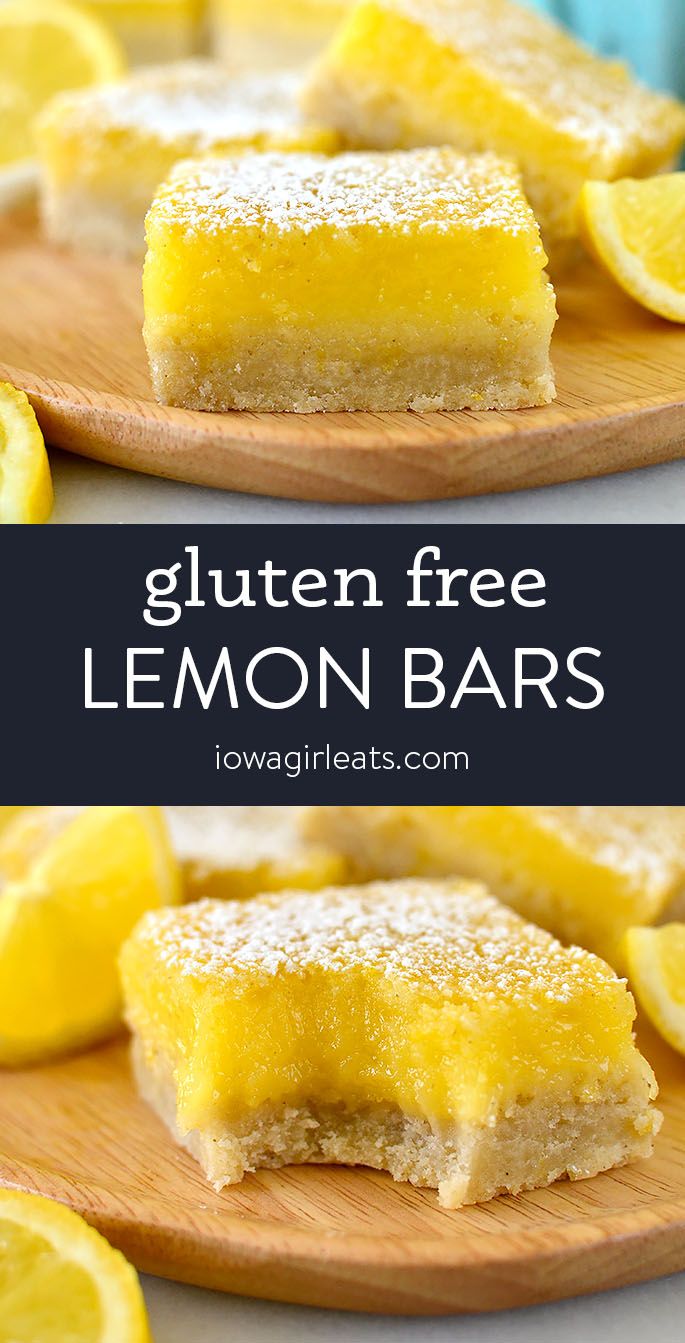 lemon bars with powdered sugar on top and the words gluten free lemon bars below