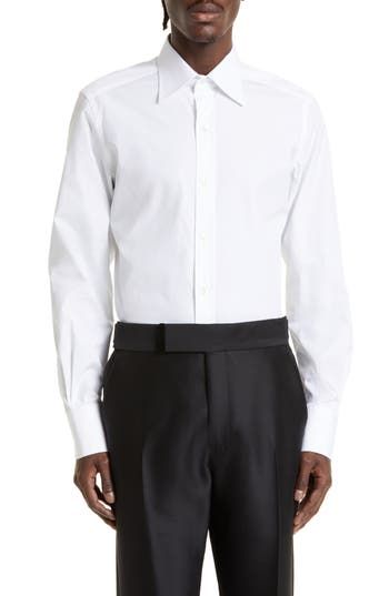 Standout details like tulip-edge mitered cuffs and mother-of-pearl buttons put Tom Ford's stamp on this Italian-made poplin shirt tailored in a slim fit. 33" length; 44" chest (size 44) French placket Cutaway collar Mitered, two-button cuffs 100% cotton Machine wash, line dry Made in Italy Designer Clothing Classic Formal Dress Shirt With Cuffed Sleeves, Formal Shirt With Cuffed Sleeves And Fold Down Collar, Designer Fitted Shirt With Button Cuffs, Formal Spring Shirt With Cuff, Formal Spring Shirt With Cuffs, Spring Formal Cuff Shirt, Designer Collared Dress Shirt For Formal Occasions, Designer Formal Shirt With Buttons, Designer Formal Collared Dress Shirt