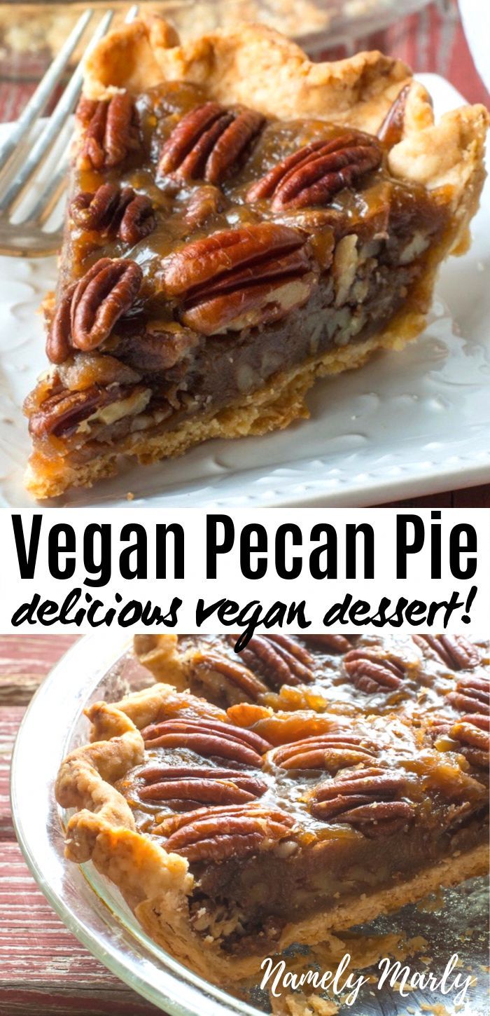 a pecan pie sits on a plate next to a fork and another dessert is in the background