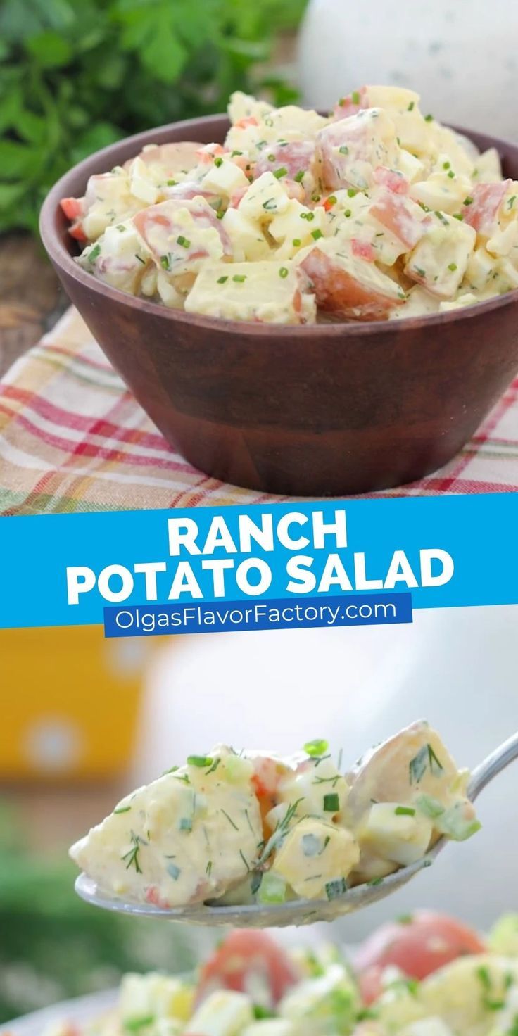 potato salad with ranch dressing in a wooden bowl