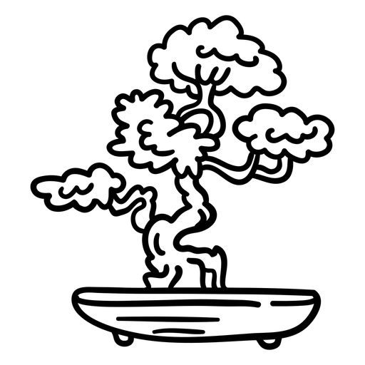 a black and white drawing of a bonsai tree in a pot on a table