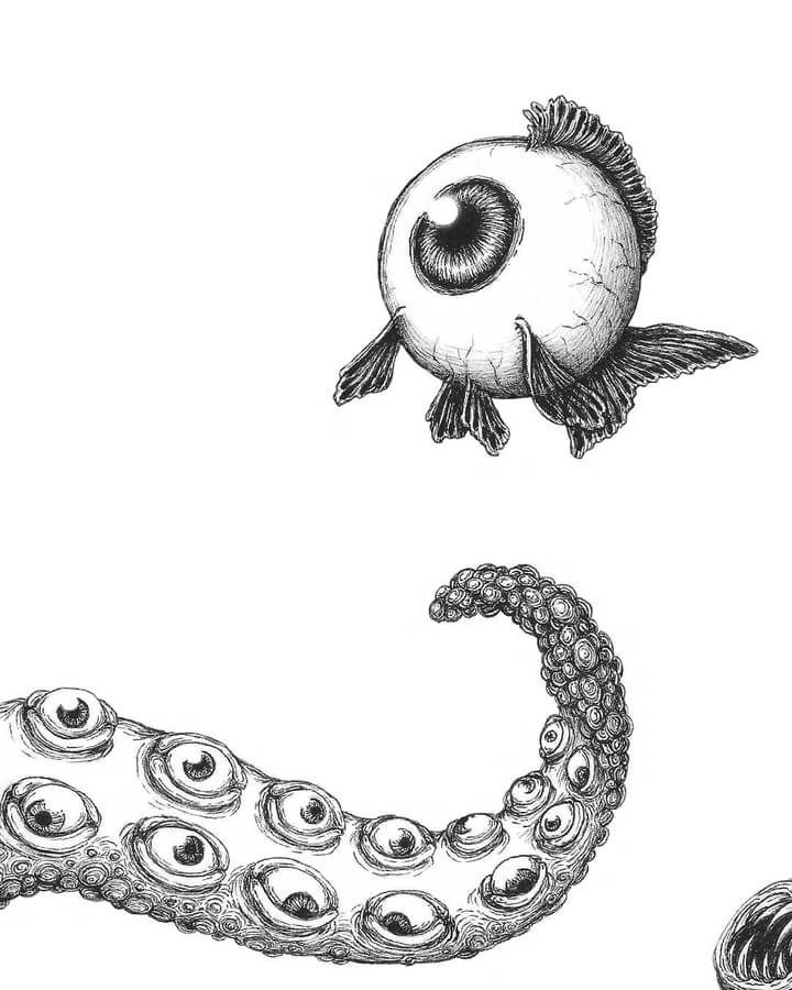 Surreal Ink Animal Drawing Drawing Ideas Surrealism, Eye Drawing Surrealism, Goldfish Surrealism, Eye Fish Drawing, Strange Drawing Ideas, Fish Surrealism, Surreal Eye Art, Surrealism Eye, Fish Eye Drawing