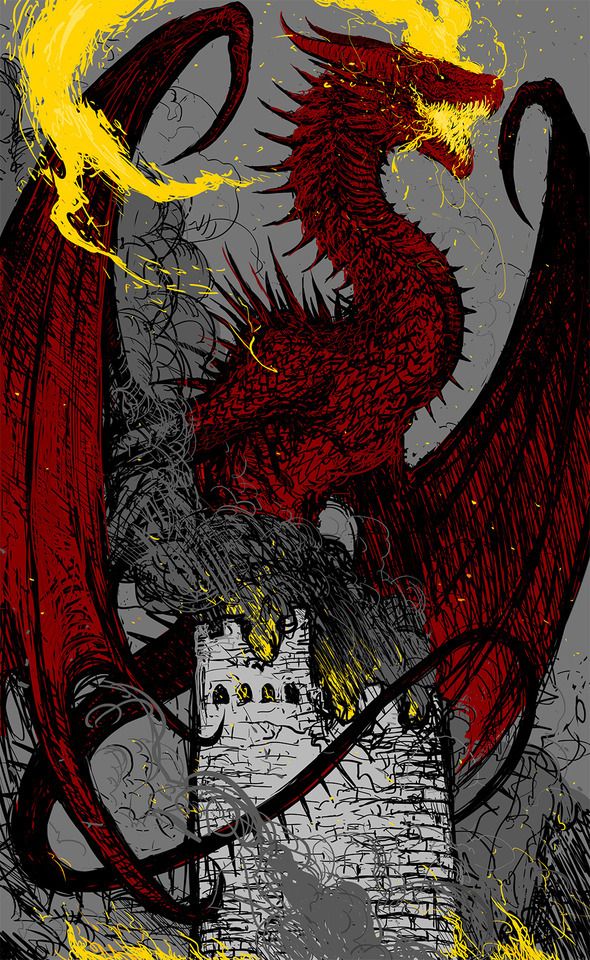 a drawing of a red dragon sitting on top of a castle with flames coming out of its wings