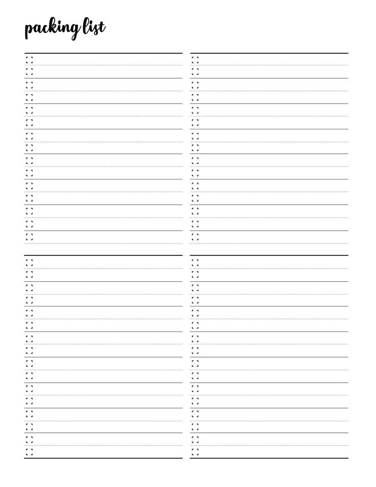 the printable packing list is shown in black and white, with dots on it