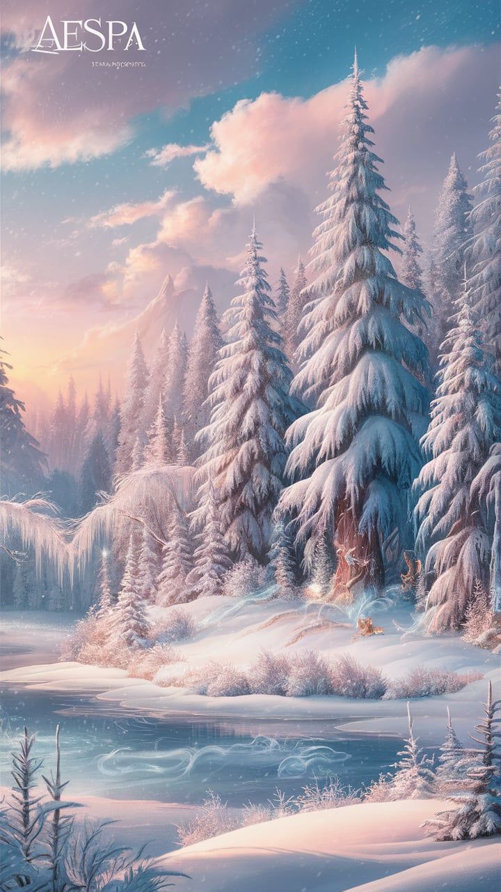 a painting of snow covered trees and a river in the middle of a snowy landscape