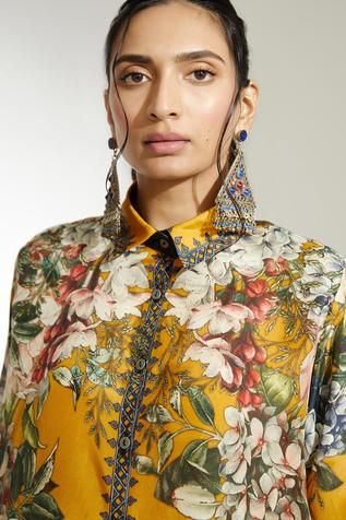 Shop for Rajdeep Ranawat Yellow Maizah Silk Printed Shirt Tunic for Women Online at Aza Fashions Rajdeep Ranawat, Mustard Shirt, Floral Silk Shirt, Tunics Online, Yellow Silk, Floral Print Shirt, Womens Tunics, Floral Shirt, Shirt Collar