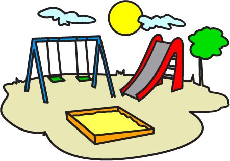 a drawing of a playground with a slide and play ground in the foreground, trees on the far side