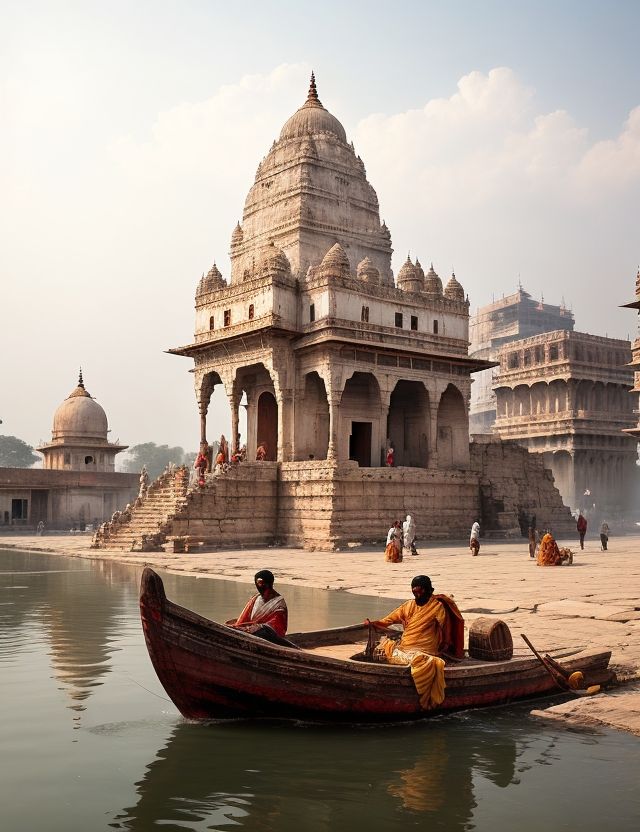 two men sitting in a boat on the water near an old building with spires