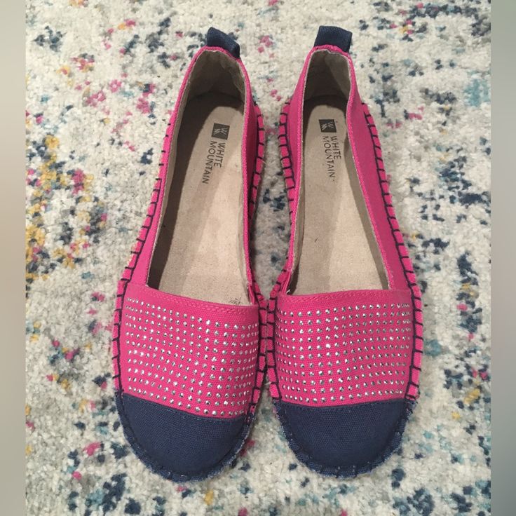 Fun Blue And Pink Studded Flat Espadrilles. Fabric Upper, Balance Man Made. All Items From Smoke Free And Pet Friendly Home. White Mountain Shoes, Mountain Shoes, White Mountain, Flat Espadrilles, Espadrille Shoes, Blue And Pink, Cute Shoes, 2 Colours, Pet Friendly