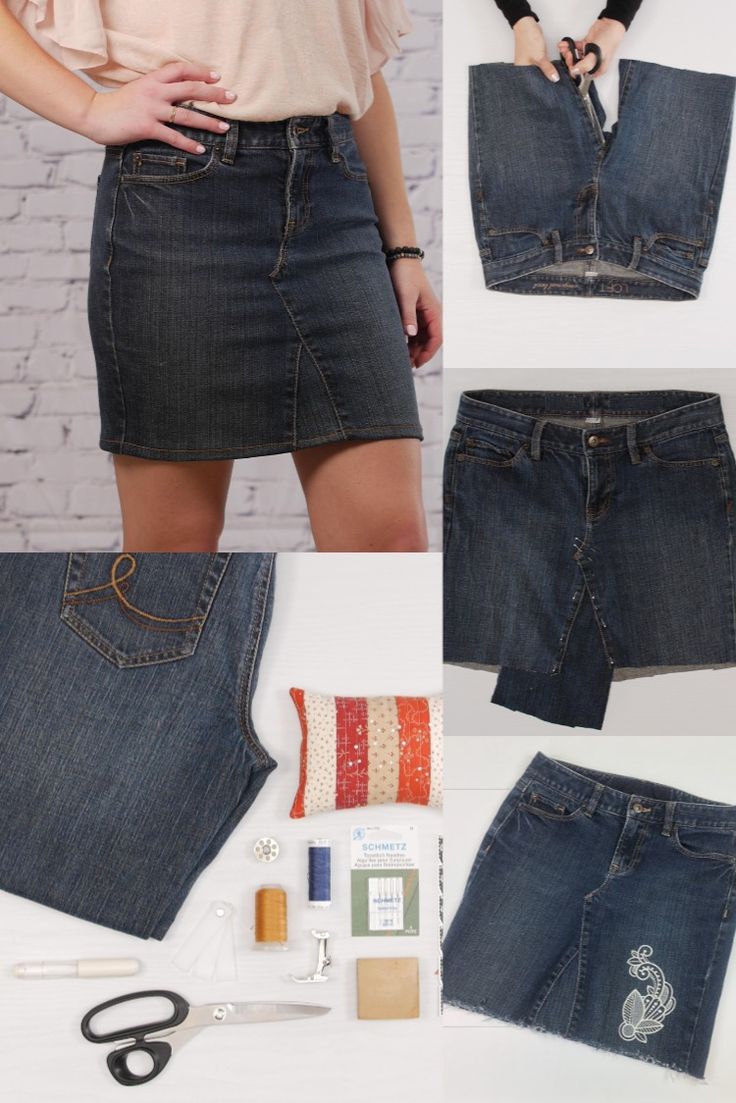 an image of a woman's denim skirt with scissors and sewing supplies around it