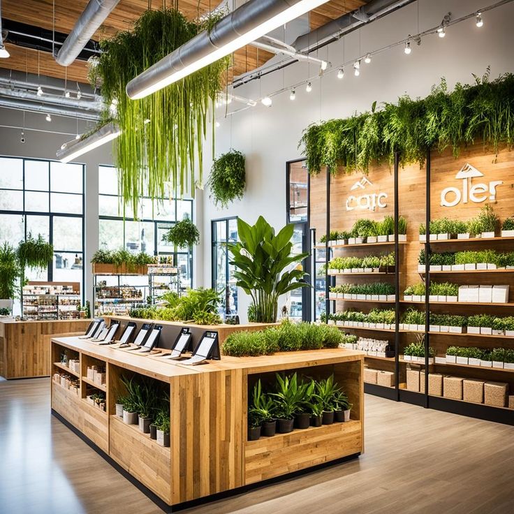 the interior of a store with lots of plants