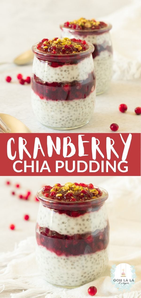 cranberry chia pudding in small glass jars on a white tablecloth with text overlay that says cranberry chia pudding