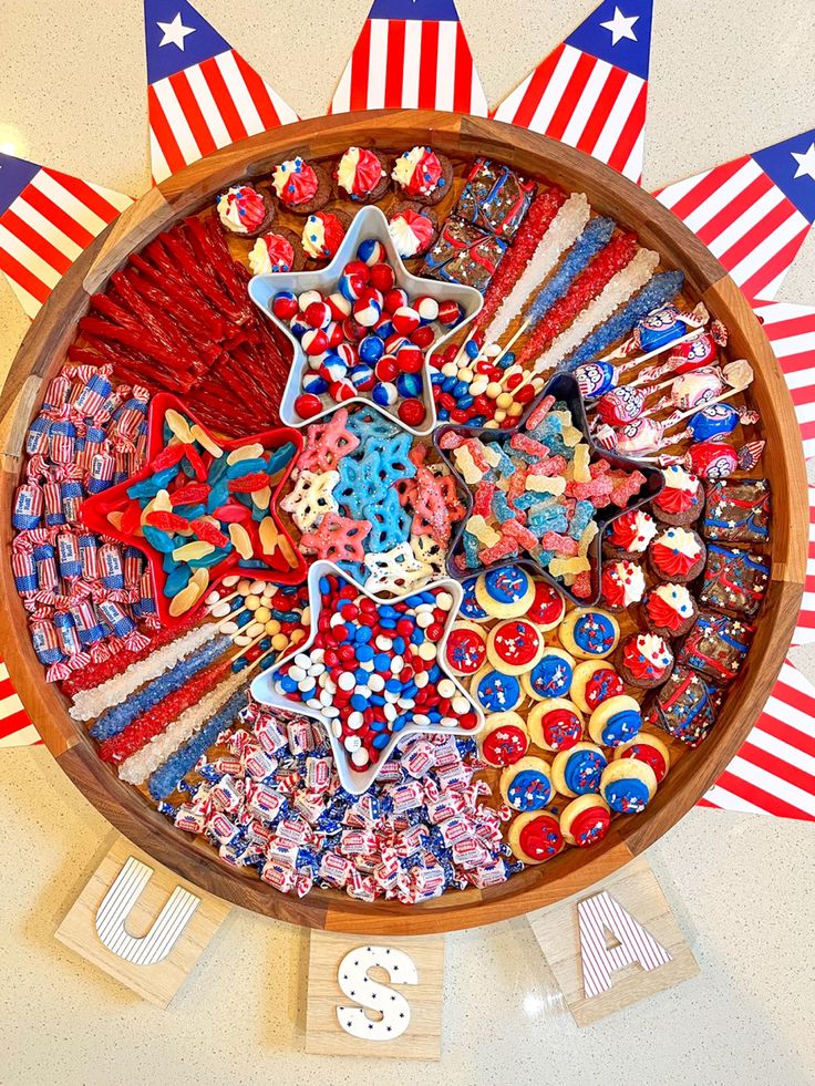 a wooden bowl filled with lots of patriotic decorations