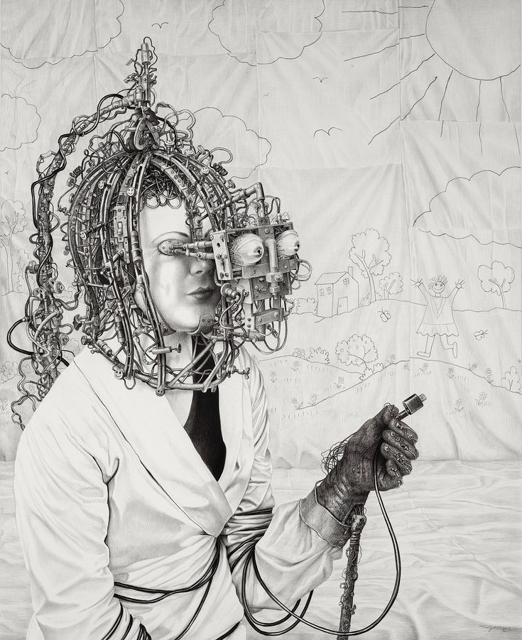 a drawing of a woman with many wires on her head and hands in front of her face