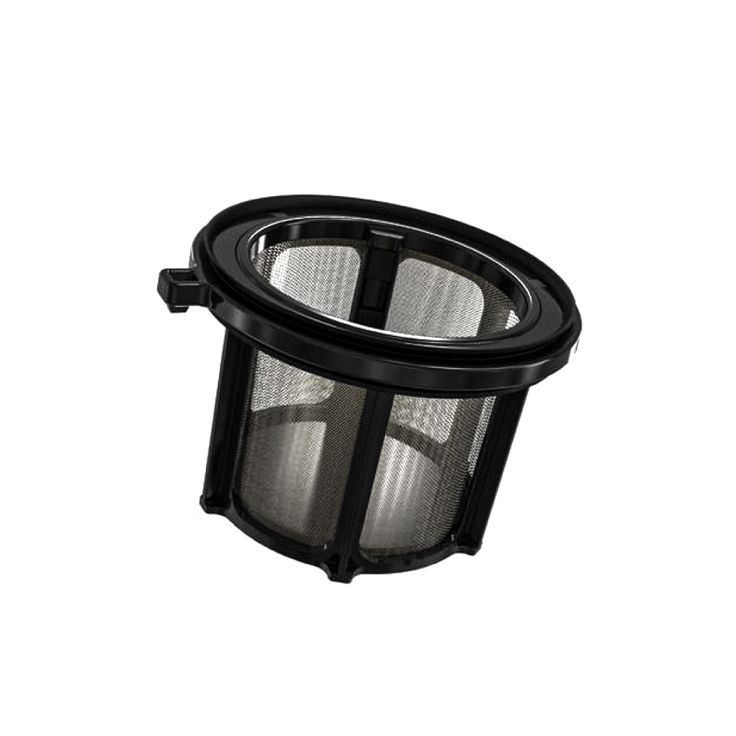 a black mesh strainer on a white background